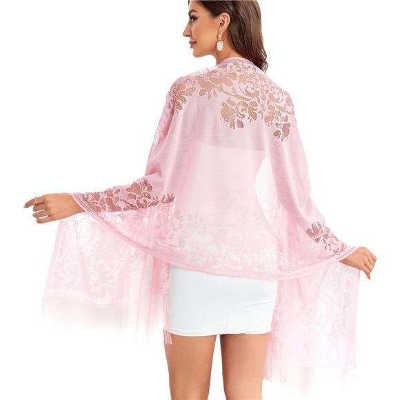 Accessories - Women's Floral Lace Scarf Shawl with Tassels Pink